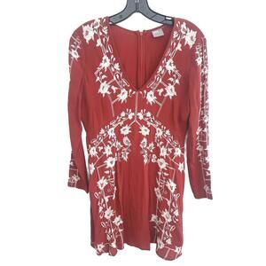 ASOS Brick Red Embroidered Beige Floral Long Sleeve V-Necline Smock Dress - 8